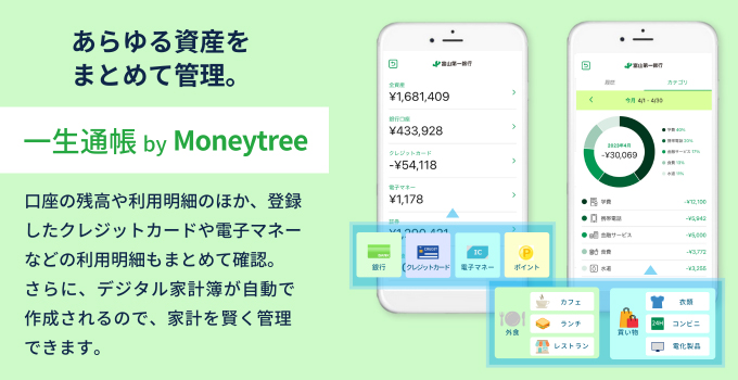 あらゆる資産をまとめて管理。—EimtE by Moneytree。口座の残高や利用明細のほか、登録したクレジットカードや電子マネーなどの利用明細もまとめて確認。さらに、デジタル家計簿が自動で作成されるので、家計を買く管理できます。